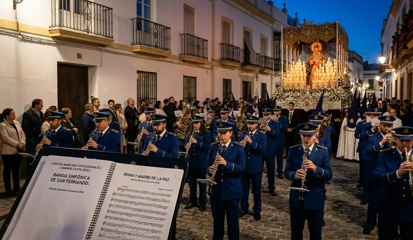 Banda San Fernando en procesión con nuevas marchas para 2026.