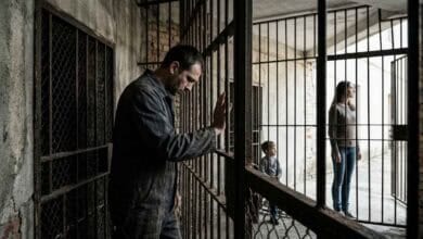 Hombre entre rejas observando a una mujer y un niño, representando la pérdida de la presunción de inocencia y los problemas en la educación de los hijos en padres divorciados.