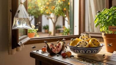 Una densa plaga de moscas de la fruta y domésticas cubriendo un plato de higos maduros en una cocina rústica soleada. Una trampa casera para moscas hecha con una botella de plástico es visible al fondo.