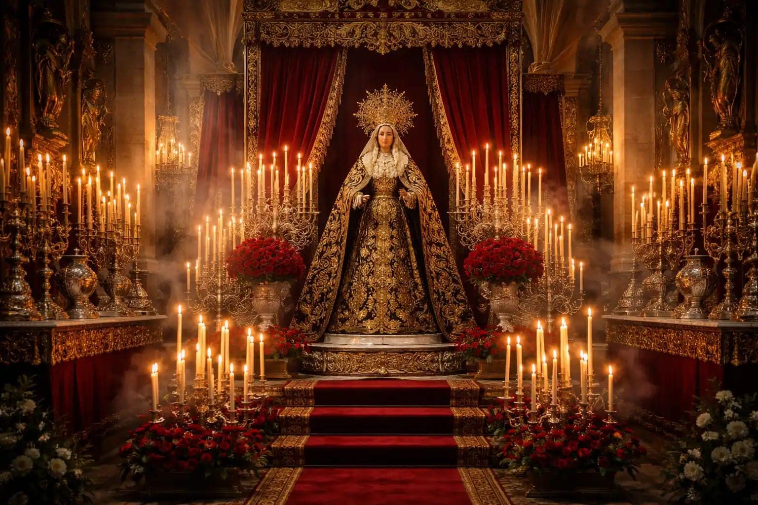 Virgen en procesión en un altar decorado con velas y flores, en un entorno religioso tradicional.