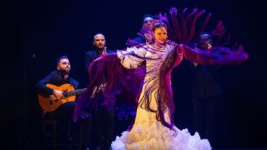 Bailarina en el escenario del Festival de Jerez 2026, con vestuario colorido y expresión apasionada.