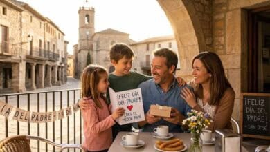 Padre e hijos celebrando el Día del Padre con una tarjeta y desayuno en un entorno tradicional.