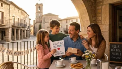 Padre e hijos celebrando el Día del Padre con una tarjeta y desayuno en un entorno tradicional.