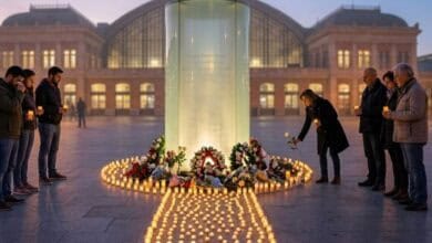Memorial del 11M en Madrid con velas y flores en recuerdo de las víctimas.