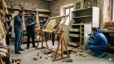 Artesanos en taller de arte sacro, restauración y creación de piezas religiosas.
