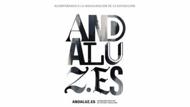 Cartel promocional de la exposición colectiva de pintura y escultura "Andaluz.es" con tipografía artística en blanco y negro.