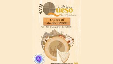 Cartel oficial de la XVII Feria del Queso de Andalucía en Villaluenga del Rosario, con fechas del 17 al 19 de abril de 2026 e ilustraciones de cabras y el pueblo.
