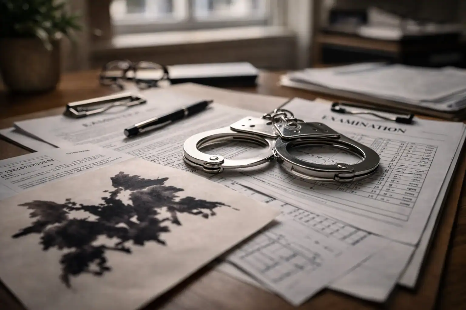 Grilletes colocados sobre una mesa en un entorno de consulta psicológica.