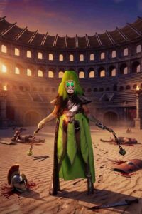 Dama D’night posa como representante de San Fernando en Regias del Drag España, con maquillaje expresivo y estética drag vibrante.