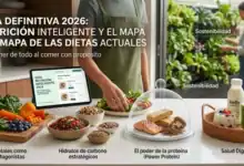 Infografía de nutrición inteligente 2026 que muestra alimentos frescos, salud digestiva con kéfir y tecnología aplicada a dietas sostenibles.