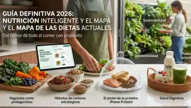 Infografía de nutrición inteligente 2026 que muestra alimentos frescos, salud digestiva con kéfir y tecnología aplicada a dietas sostenibles.