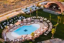 Vista aérea de la piscina y el beach club de Bahía Sound en San Fernando, lugar del hallazgo del cadáver.