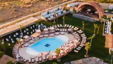Vista aérea de la piscina y el beach club de Bahía Sound en San Fernando, lugar del hallazgo del cadáver.