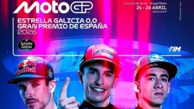 Cartel oficial del Gran Premio de España de MotoGP 2026 en el Circuito de Jerez - Ángel Nieto, con Marc Márquez, Pedro Acosta y Pecco Bagnaia.