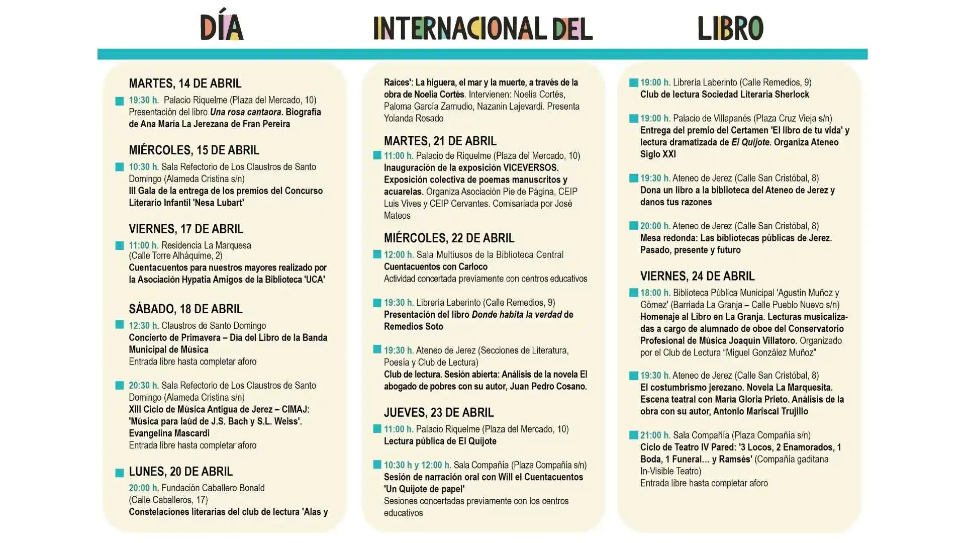 Programa completo de actividades del Día Internacional del Libro 2026 en Jerez de la Frontera.
