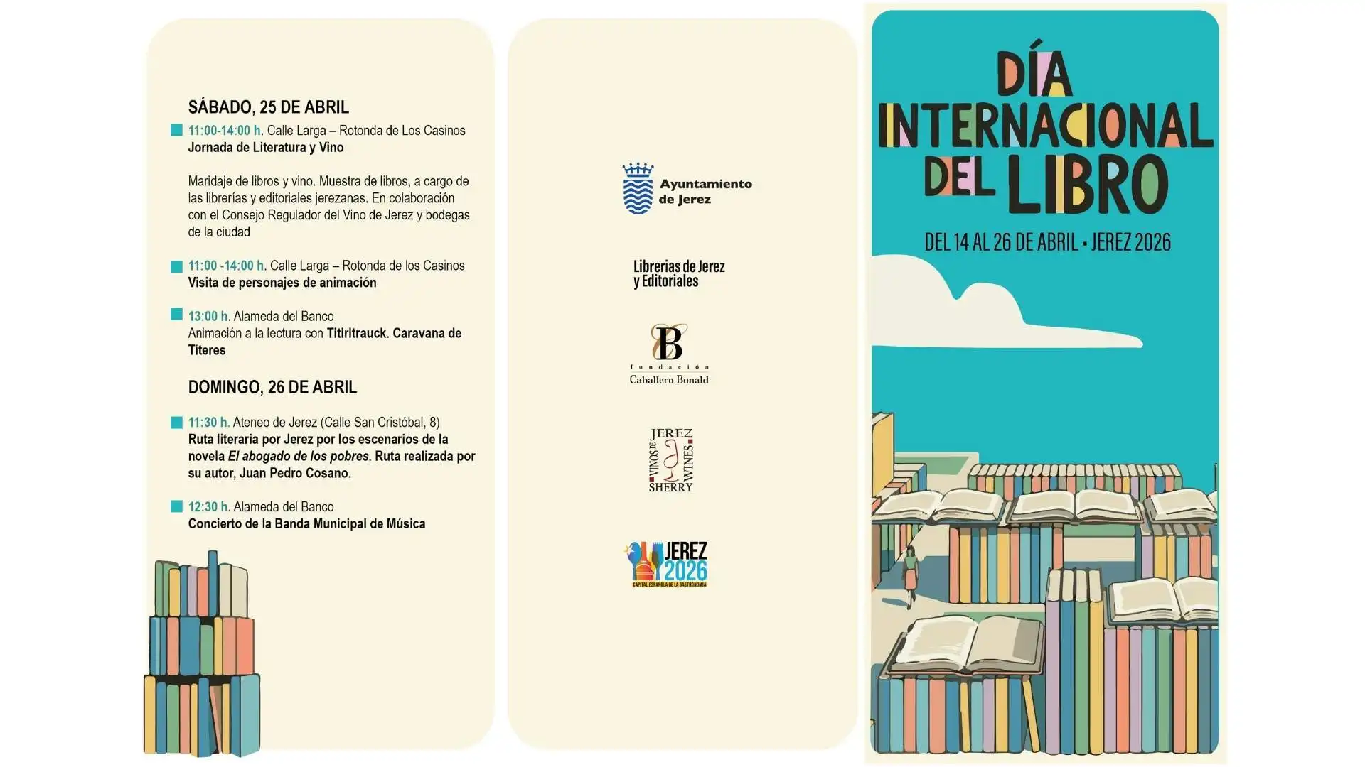 Cartel oficial del Día Internacional del Libro 2026 en Jerez con la programación del 14 al 26 de abril.