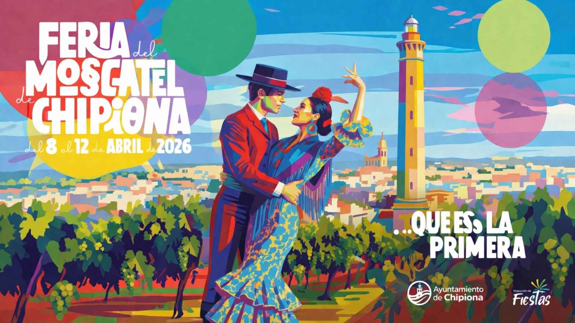 Cartel oficial de la Feria del Moscatel de Chipiona 2026 con pareja bailando y el faro.