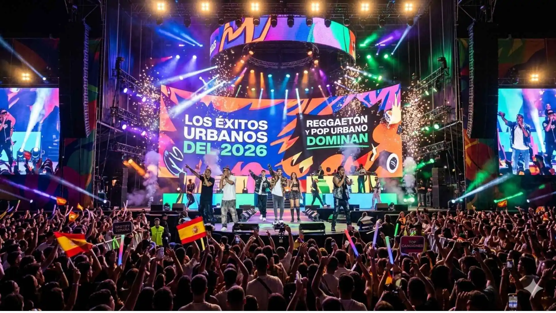 Concierto masivo de reggaetón y pop urbano en España con artistas en el escenario y público con banderas españolas.