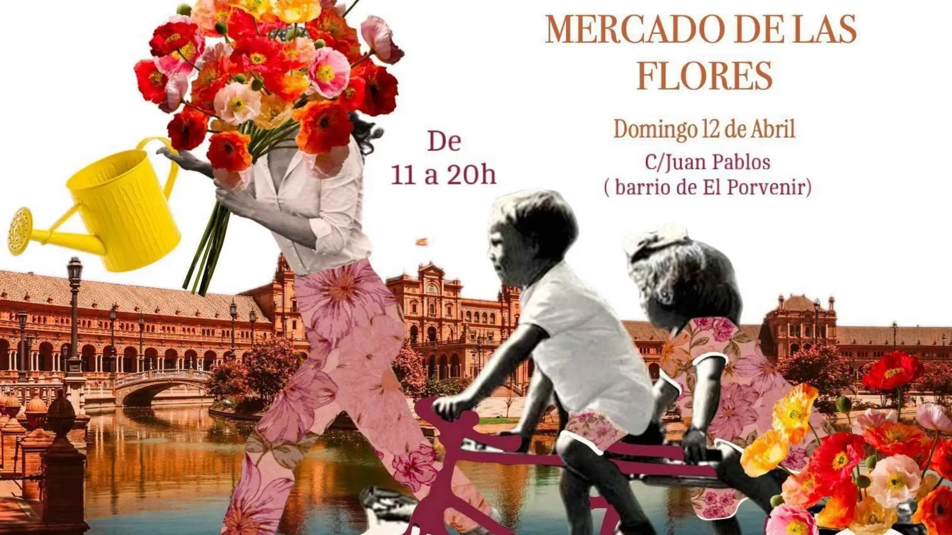 Cartel ilustrado del Mercado de las Flores en el barrio de El Porvenir con ambiente de feria y flores primaverales.