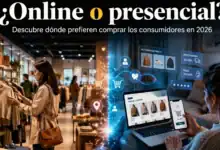 Comparativa visual entre compras en tienda física de moda y comercio electrónico a través de ordenador y móvil.