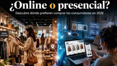 Comparativa visual entre compras en tienda física de moda y comercio electrónico a través de ordenador y móvil.