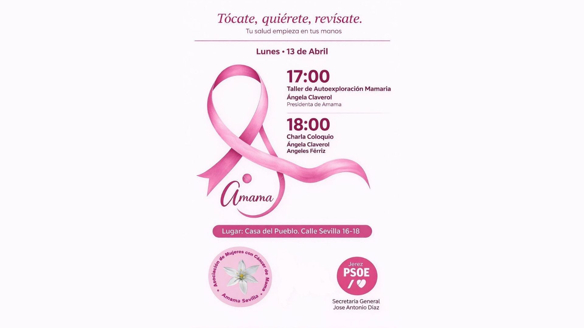 Cartel del taller de autoexploración para la prevención del cáncer de mama en Jerez