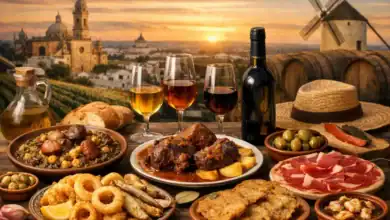 Variedad de platos típicos de la gastronomía de Jerez 2026 con copas de vino y vistas a la ciudad.