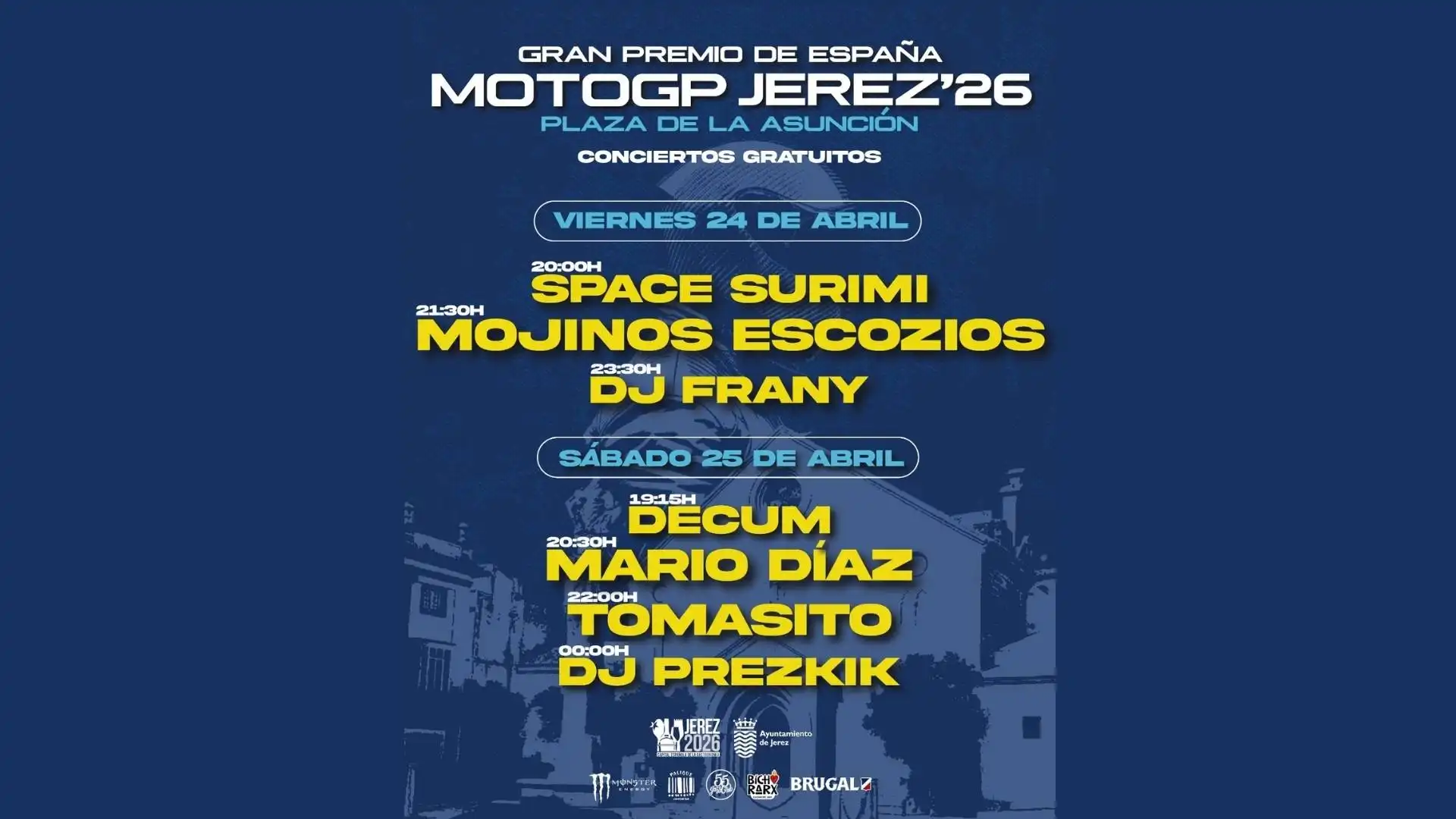Cartel de conciertos gratuitos en la Plaza de la Asunción por el Gran Premio de España MotoGP Jerez 2026, con artistas como Mojinos Escozios y Tomasito.