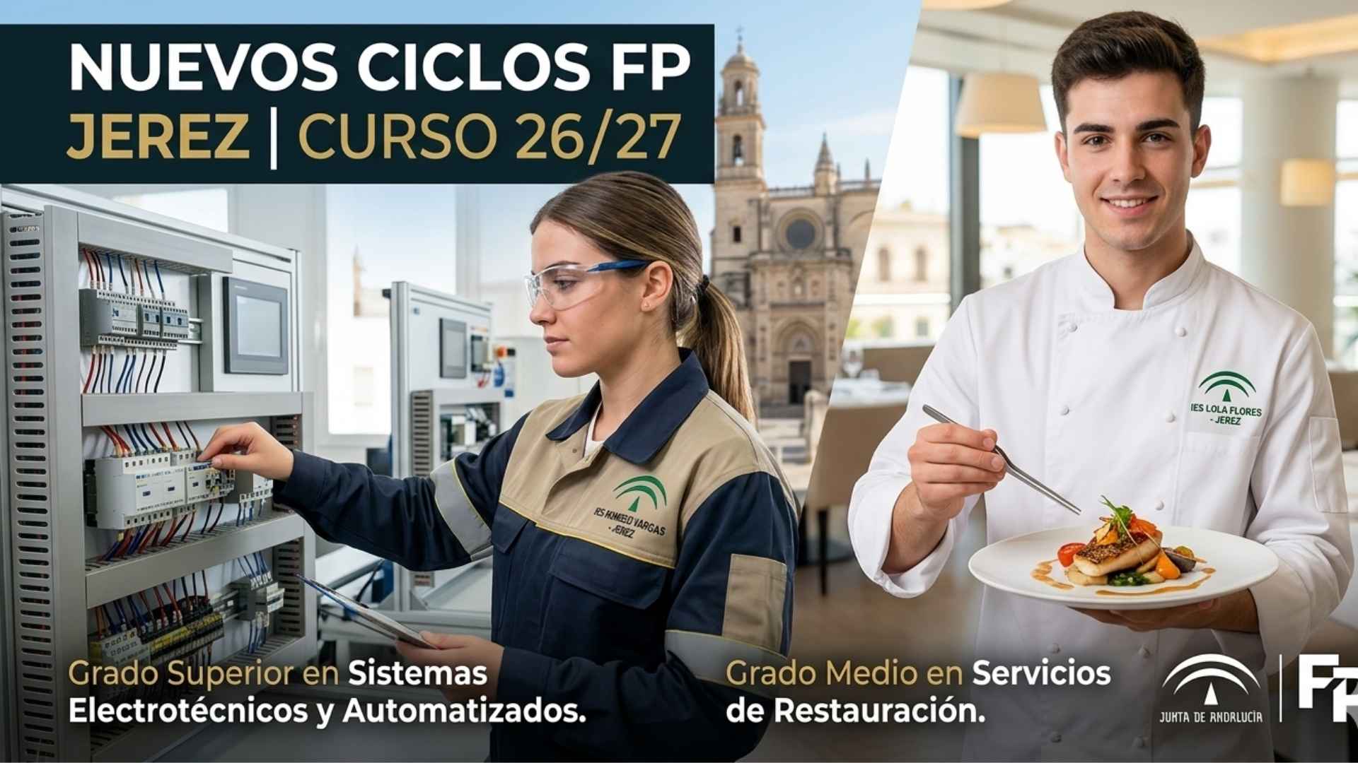 Estudiantes de los nuevos ciclos de FP Jerez curso 26/27 en sistemas electrotécnicos y restauración.