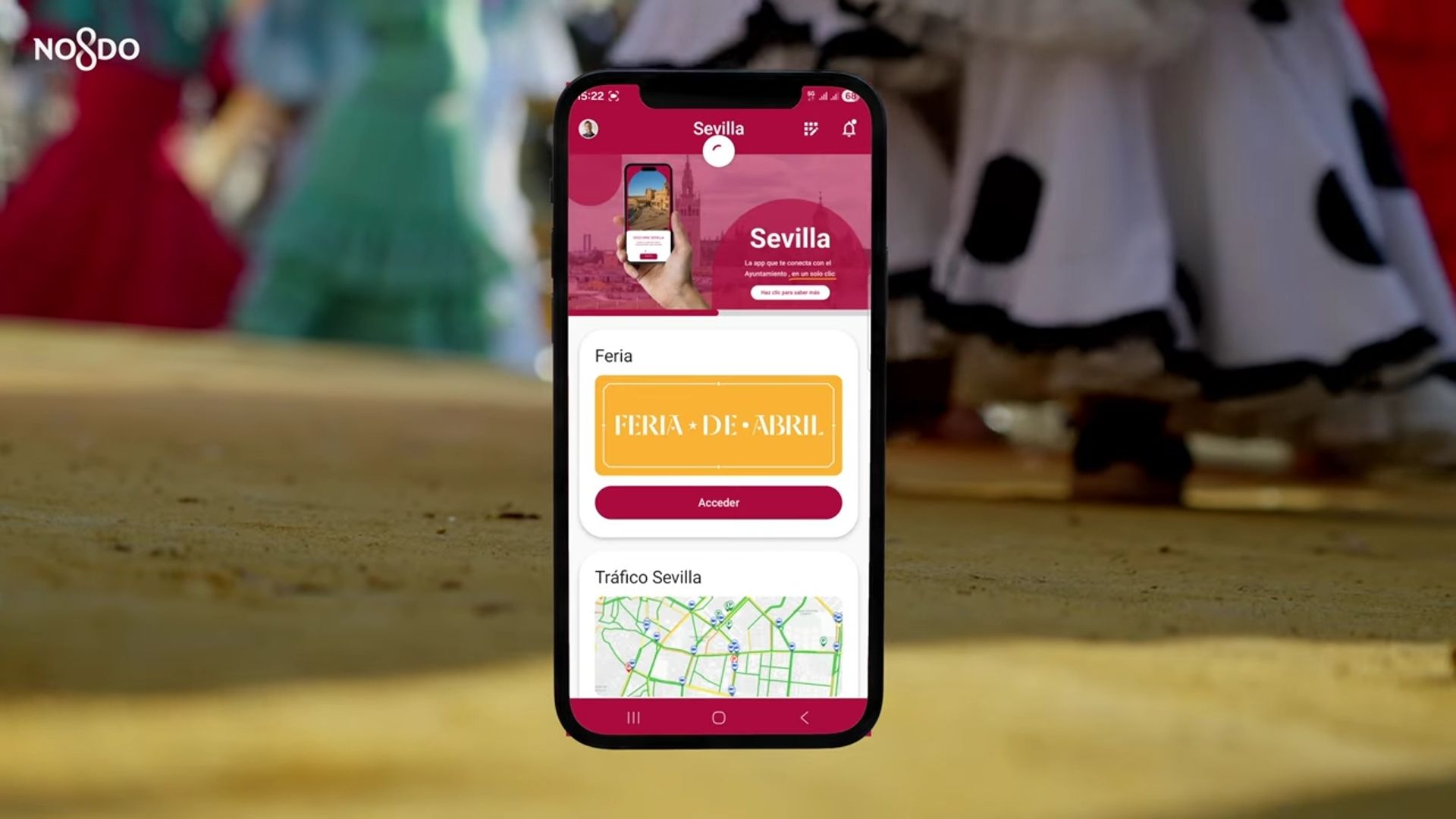 Interfaz de la App Sevilla con el apartado especial de la Feria de Abril 2026.