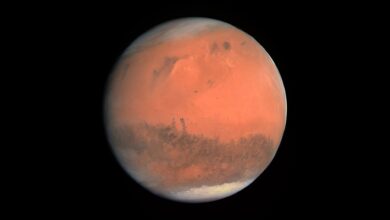 Fotografía detallada de la superficie del planeta Marte captada durante su máxima visibilidad en abril de 2026.