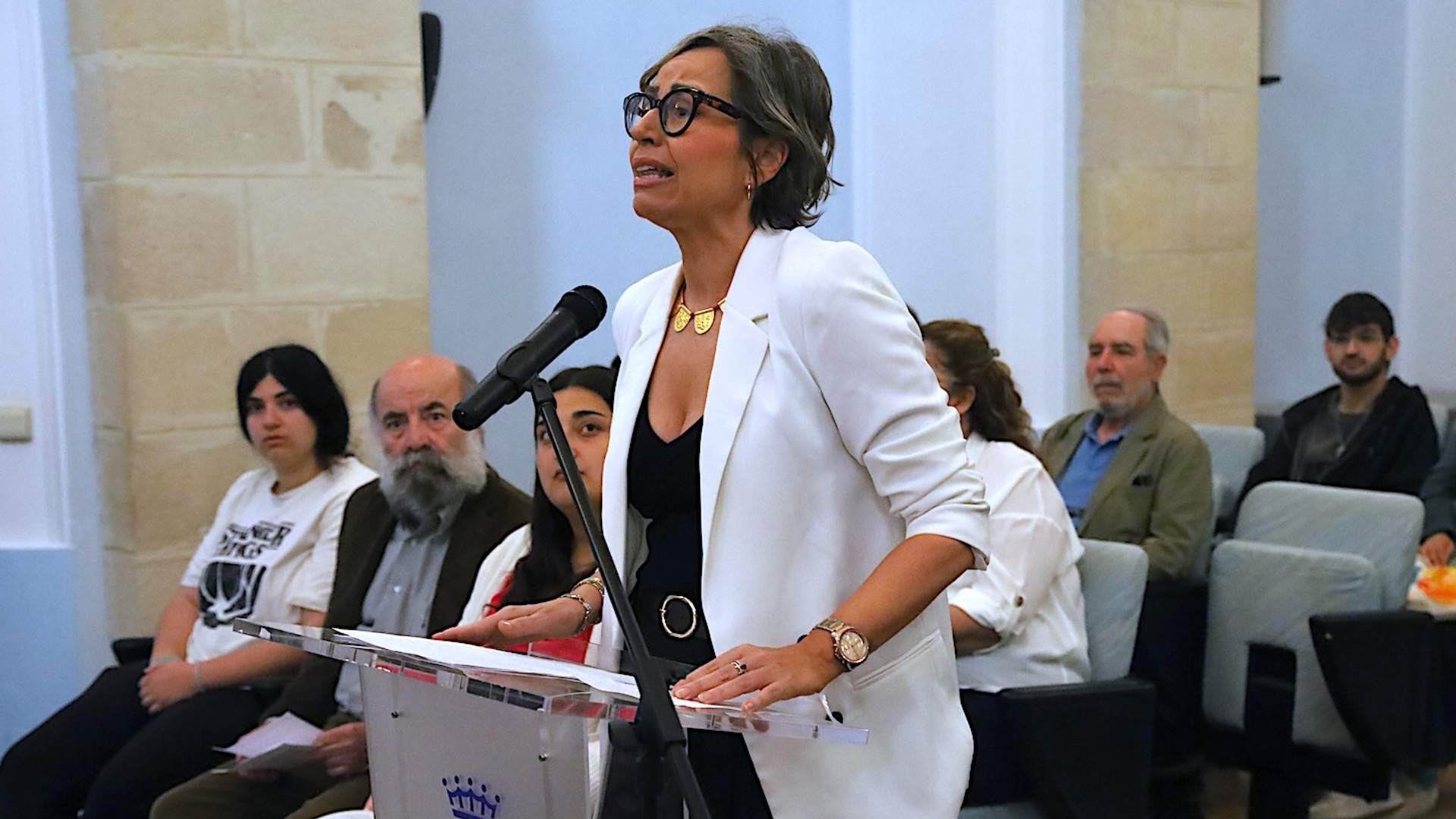 Inés Alfaro, representante de la Asociación Lupus Cádiz, interviniendo en el pleno del Ayuntamiento de Jerez para reivindicar más investigación.
