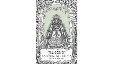Cartel oficial de la Romería del Rocío de Jerez 2026 realizado a bolígrafo con la Virgen del Rocío rodeada de viñas y elementos bodegueros.