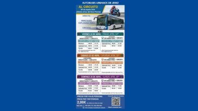Cartel oficial de horarios y precios de los autobuses lanzadera para el Gran Premio de Jerez 2026.