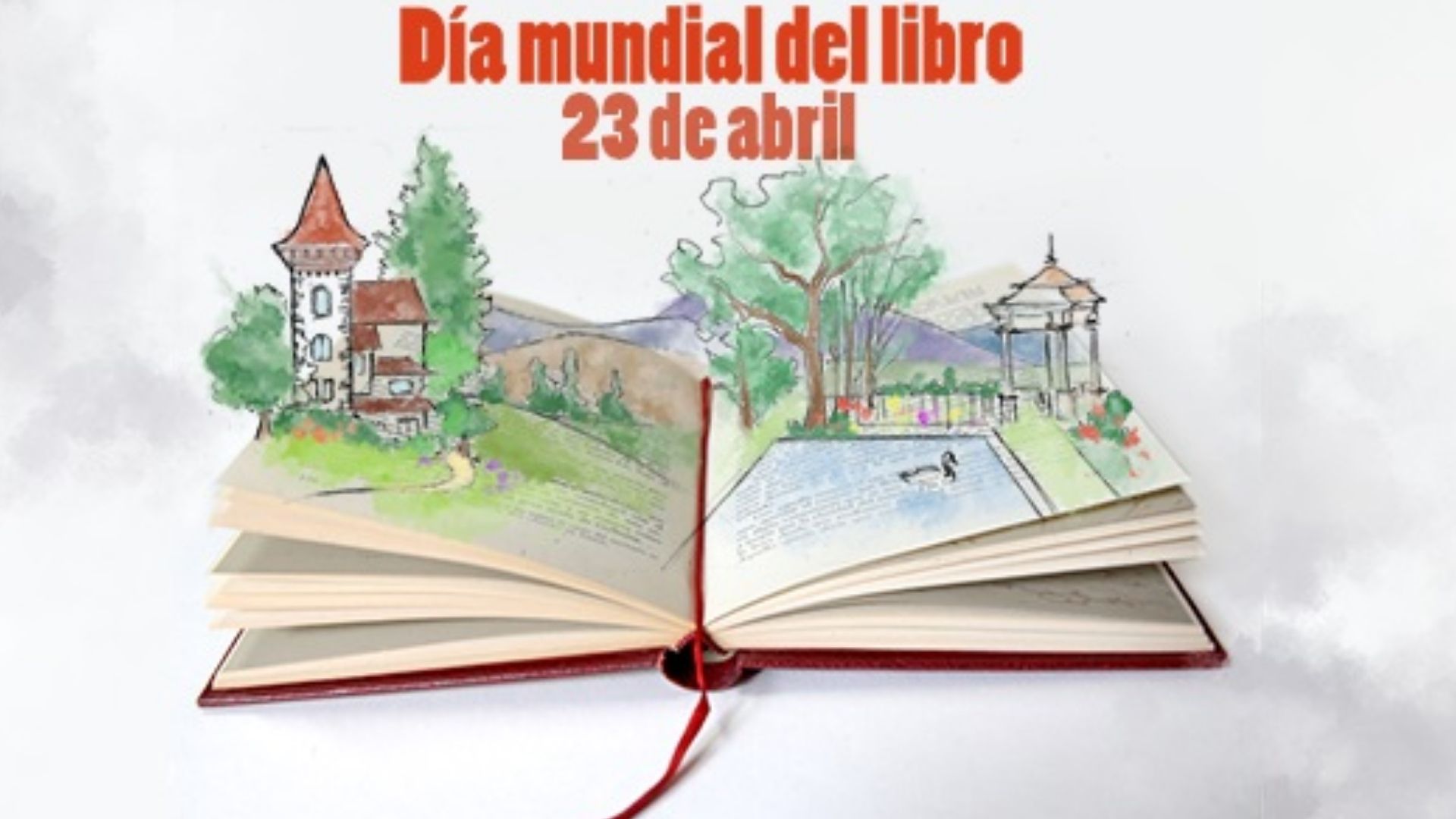 Ilustración creativa de un libro abierto con un paisaje emergiendo de sus páginas para celebrar el Día Mundial del Libro el 23 de abril.