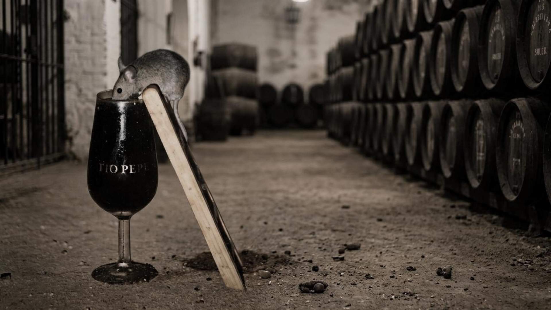 Ratón bebiendo vino Pedro Ximénez con escalera en Bodega González Byass