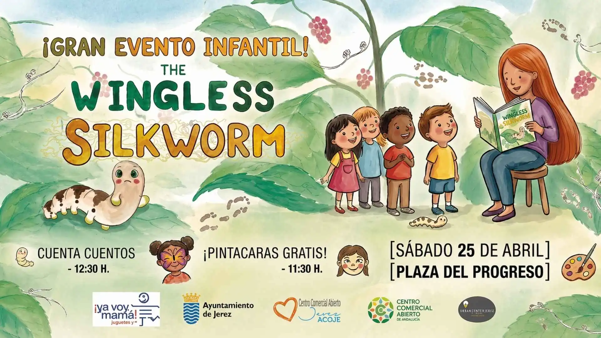 Cartel del evento infantil en la plaza del Progreso de Jerez con cuentacuentos y pintacaras.