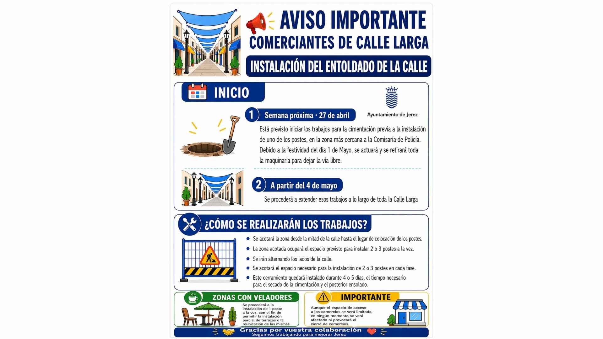 Cartel informativo sobre las fases de instalación del entoldado en la calle Larga de Jerez para comerciantes y hosteleros.