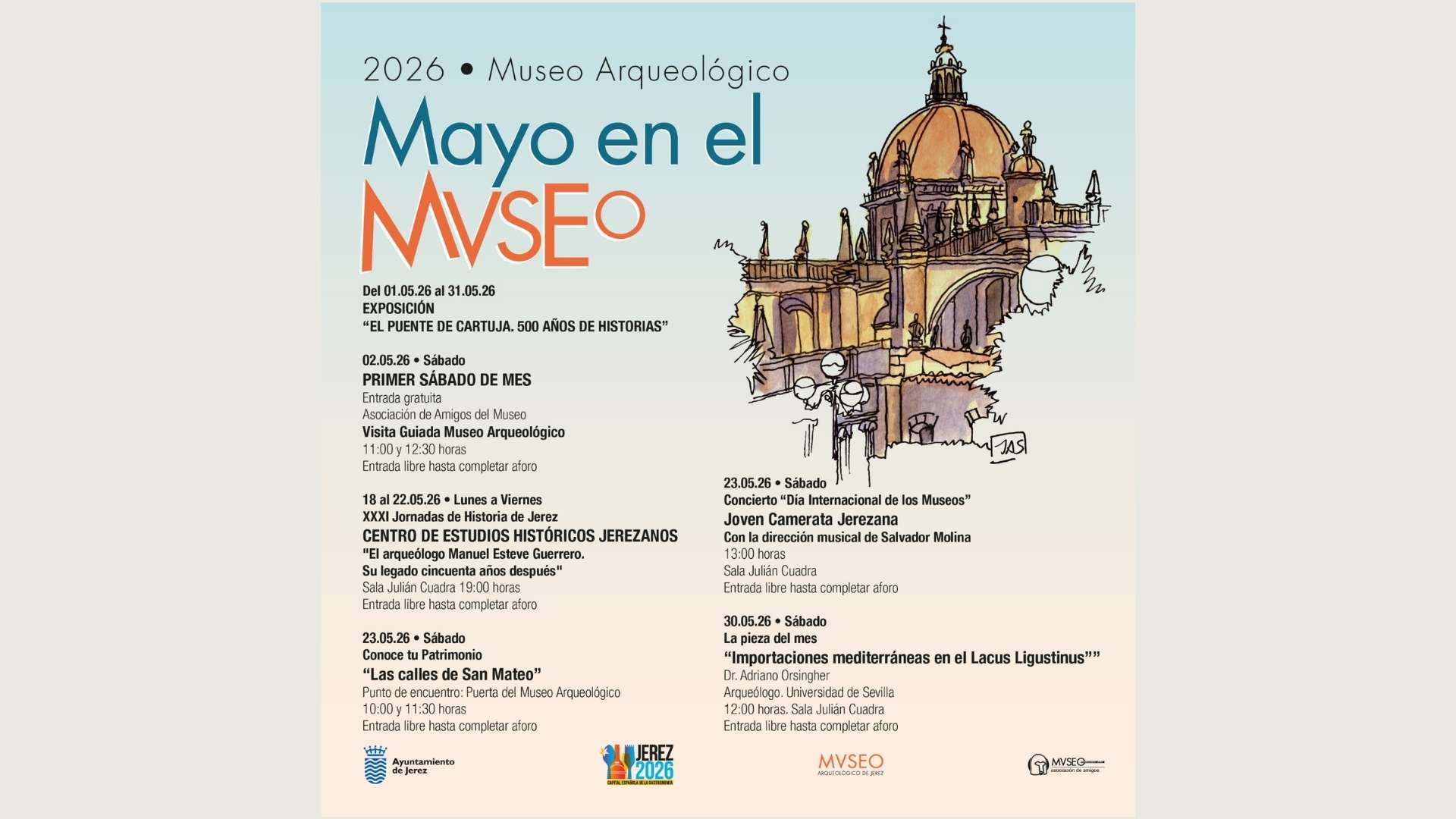 Cartel oficial de la programación de actividades de mayo 2026 en el Museo Arqueológico de Jerez.