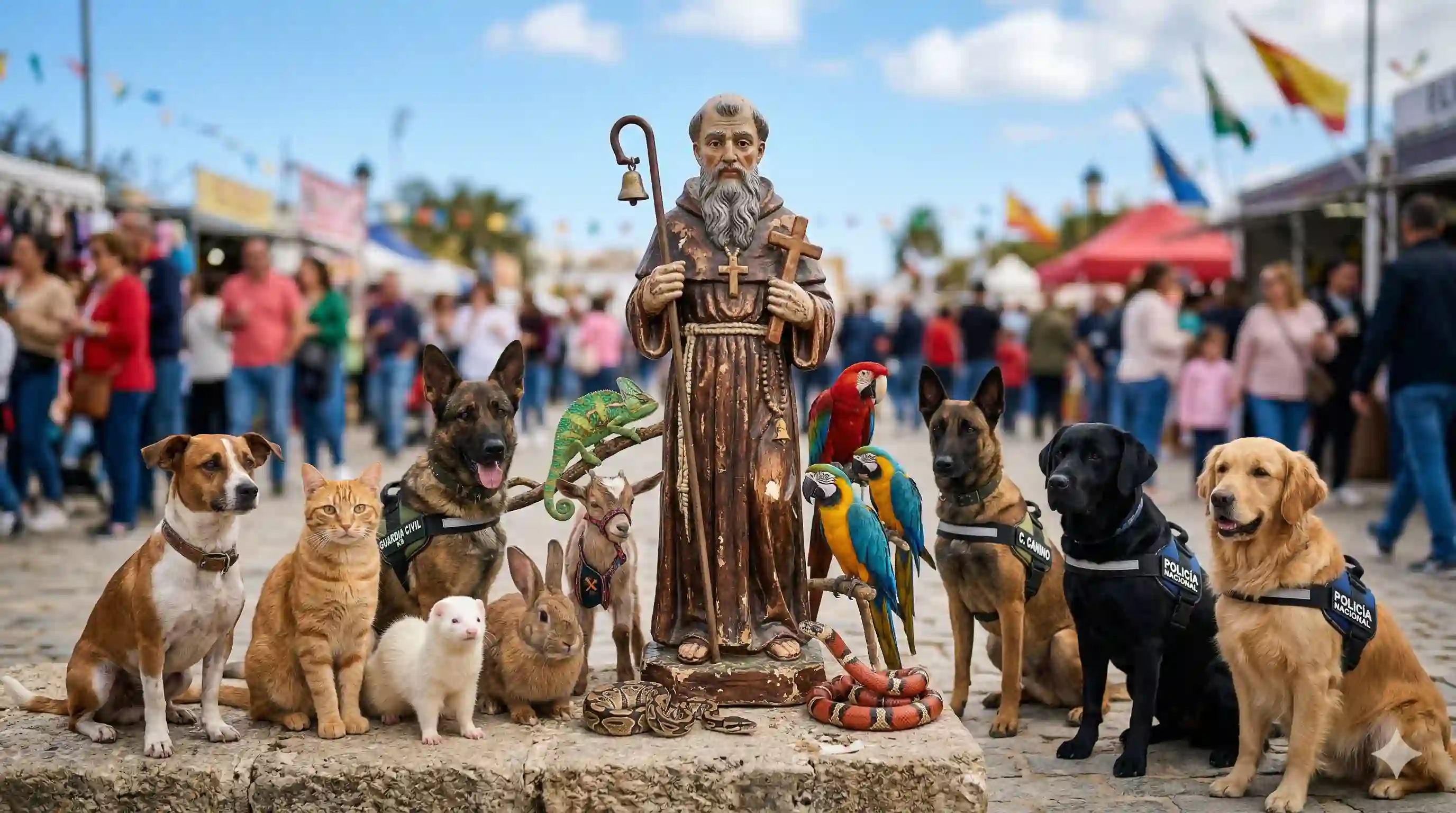 Sacerdote bendiciendo a varias mascotas durante la festividad de San Antón en San Fernando, con dueños reunidos alrededor.