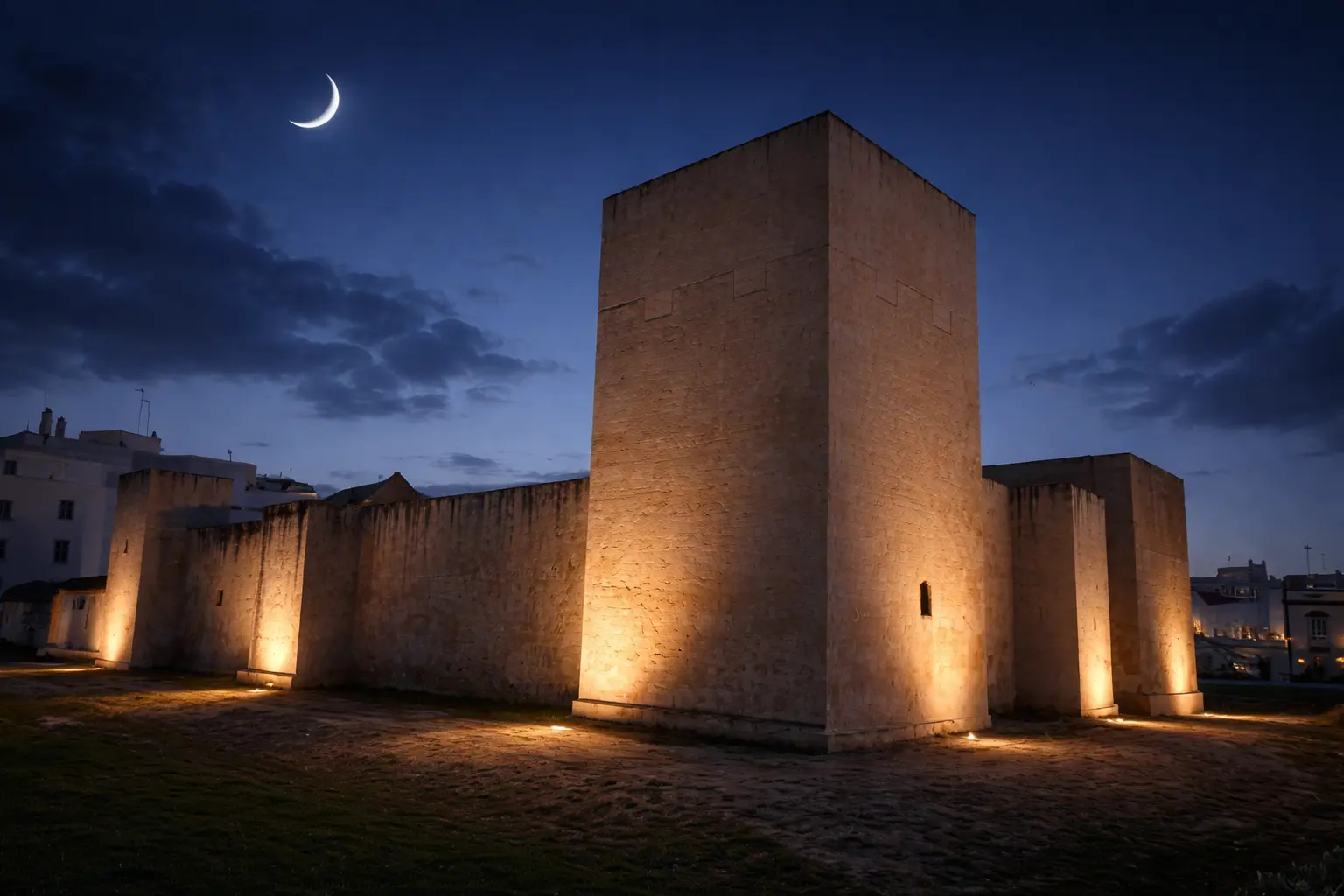 Castillo San Romualdo en San Fernando, Cádiz iluminado al anochecer con torres de piedra y luna creciente en el cielo