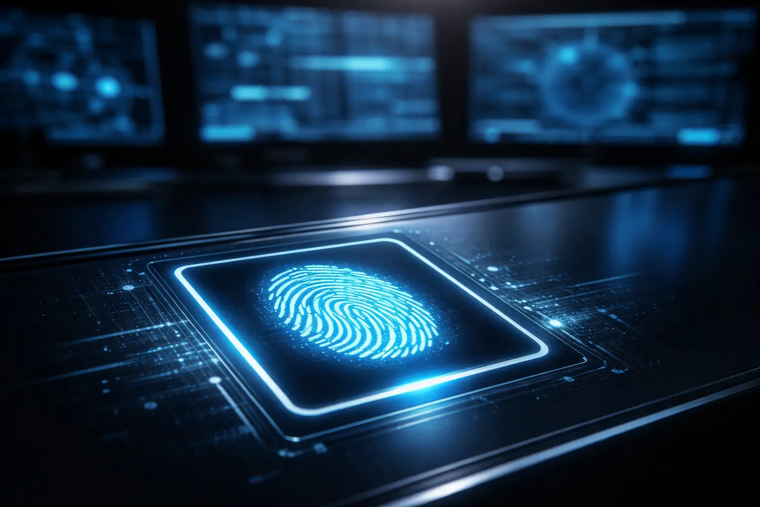 Huella digital biométrica iluminada en una interfaz tecnológica de verificación de identidad