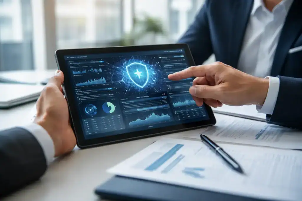 Profesionales revisando un panel digital de ciberseguridad con gráficos y un icono de escudo