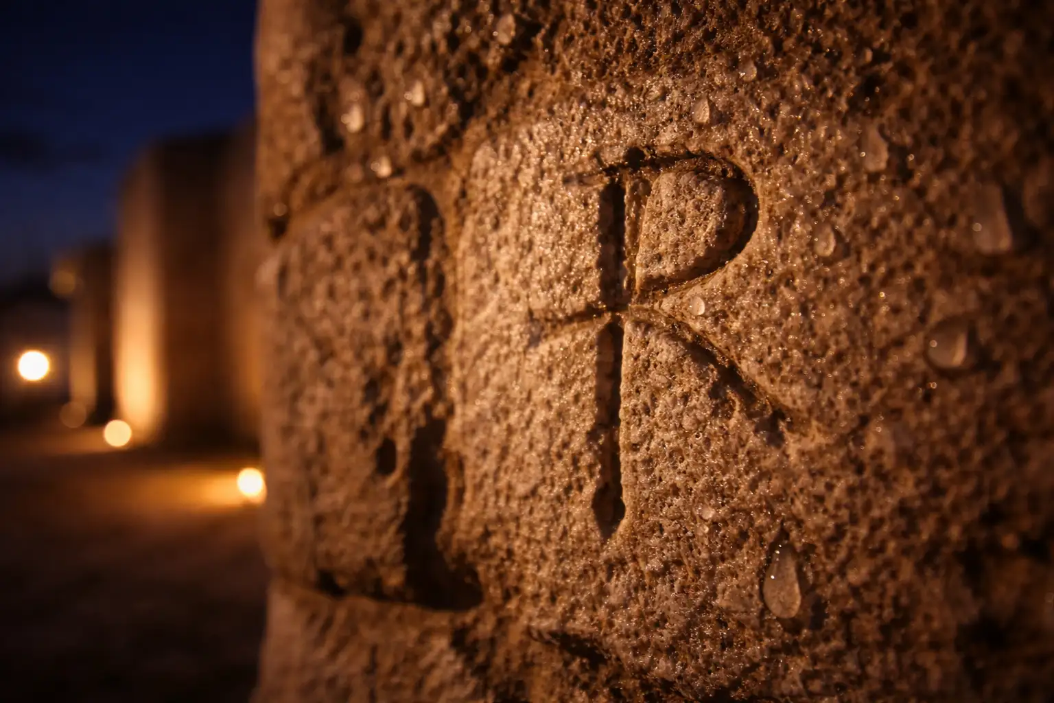 San Romualdo en San Fernando, Cádiz. Detalle de piedra tallada con la letra R iluminada en un entorno nocturno