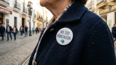 Persona con botón de concienciación contra el estigma del párkinson.