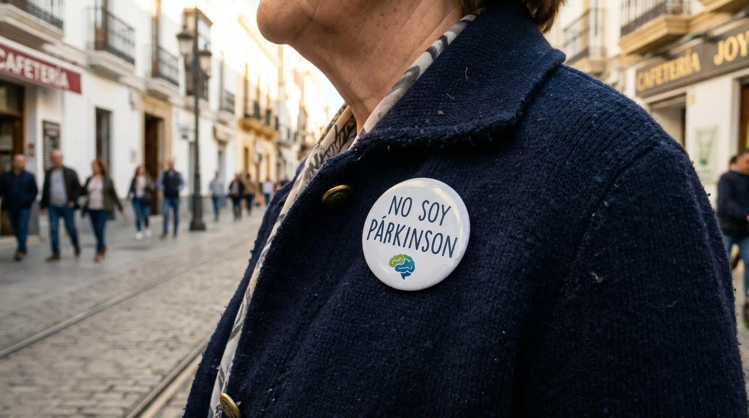 Persona con botón de concienciación contra el estigma del párkinson.