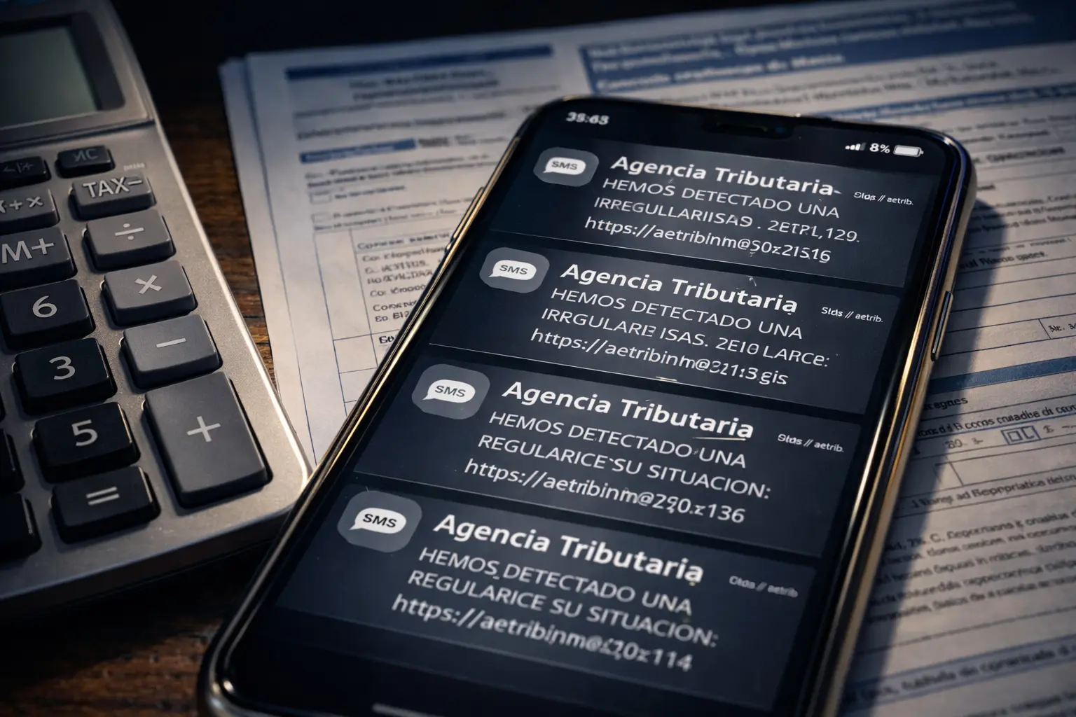 Mensajes SMS falsos de la Agencia Tributaria con enlaces sospechosos sobre documentos fiscales