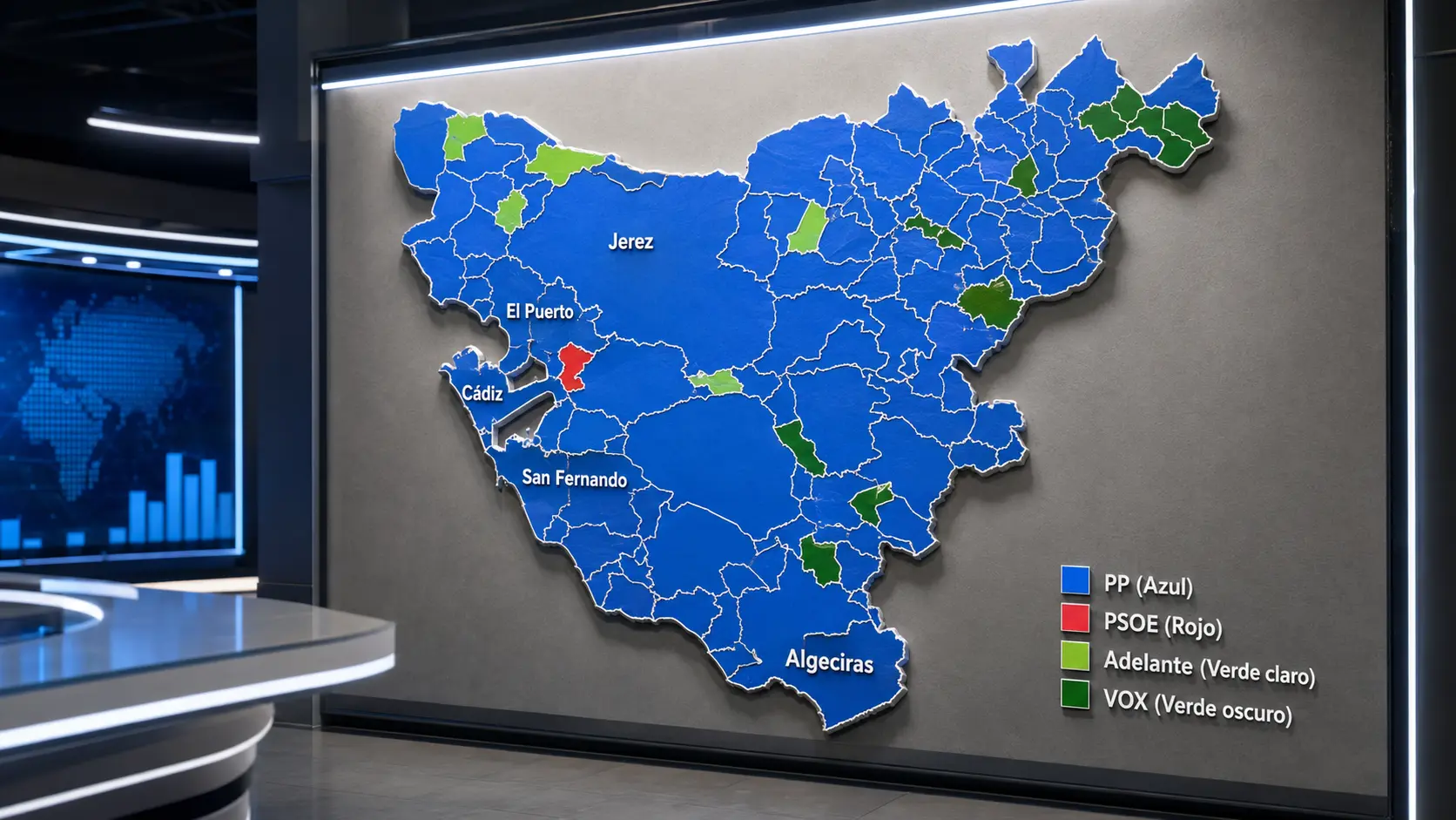 Mapa político de la provincia de Cádiz mostrando los resultados electorales por municipios, con predominio del color azul del PP.