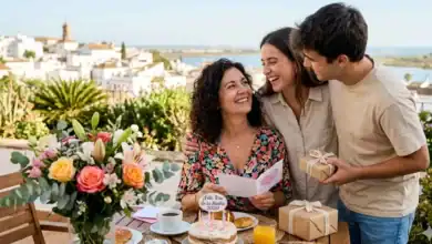 Una madre sonriendo mientras sus dos hijos la abrazan y le entregan regalos en una terraza con vistas a un pueblo blanco andaluz. Sobre la tarta hay un cartel que dice "¡Feliz Día de la Madre 2026!".