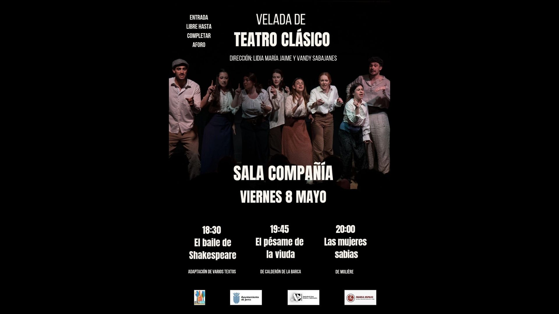 Cartel de la Velada de Teatro Clásico en Jerez con obras de Shakespeare, Calderón de la Barca y Molière en la Sala Compañía.